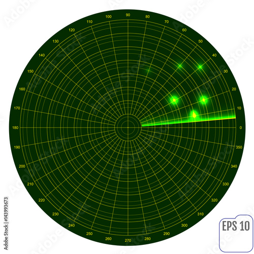 Realistic vector radar in searching . Air search. Military search system blip illustration . Navigation interface wallpaper .