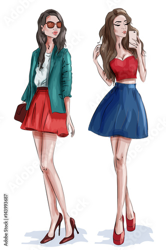 Two stylish beautiful girls with accessories. Women in fashion clothes. Sketch. Vector illustration.