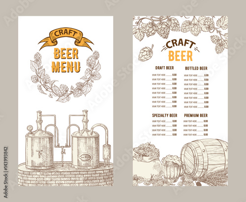 Beer restaurant brochure vector, alcohol menu design. Vector bar template with hand-drawn graphic. Beer flyer.