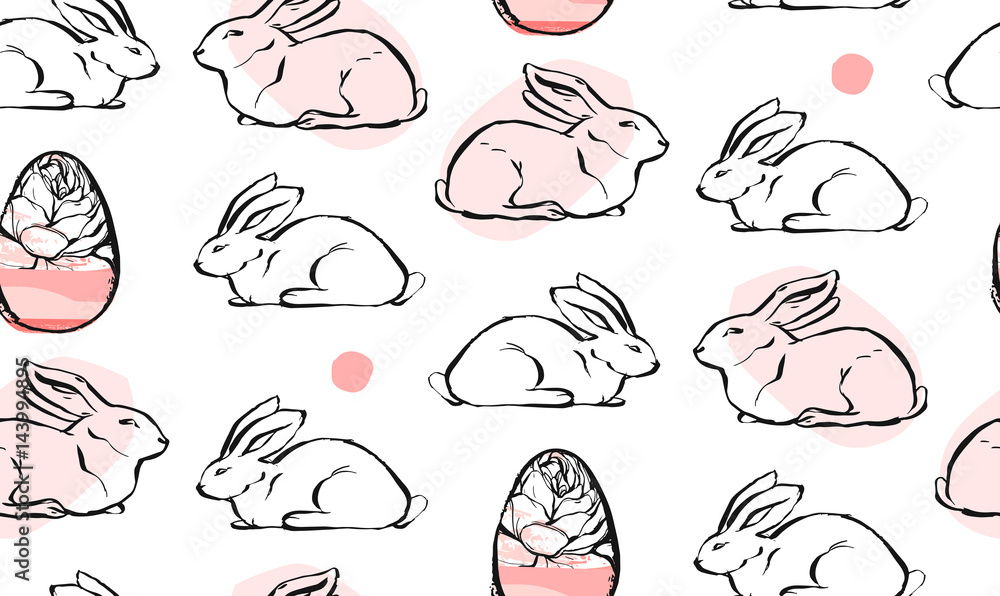 Hand drawn vector abstract creative universal Easter seamless pattern design with white rabbits and Easter eggs in pastel colors isolated on white background.Spring unusual graphic decoration. Hand drawn vector abstract creative universal Easter seamless pattern design with white rabbits and Easter eggs in pastel colors isolated on white background.Spring unusual graphic decoration.