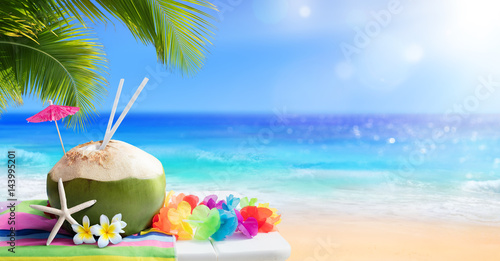 Fresh Coconut Drink In Tropical Beach 