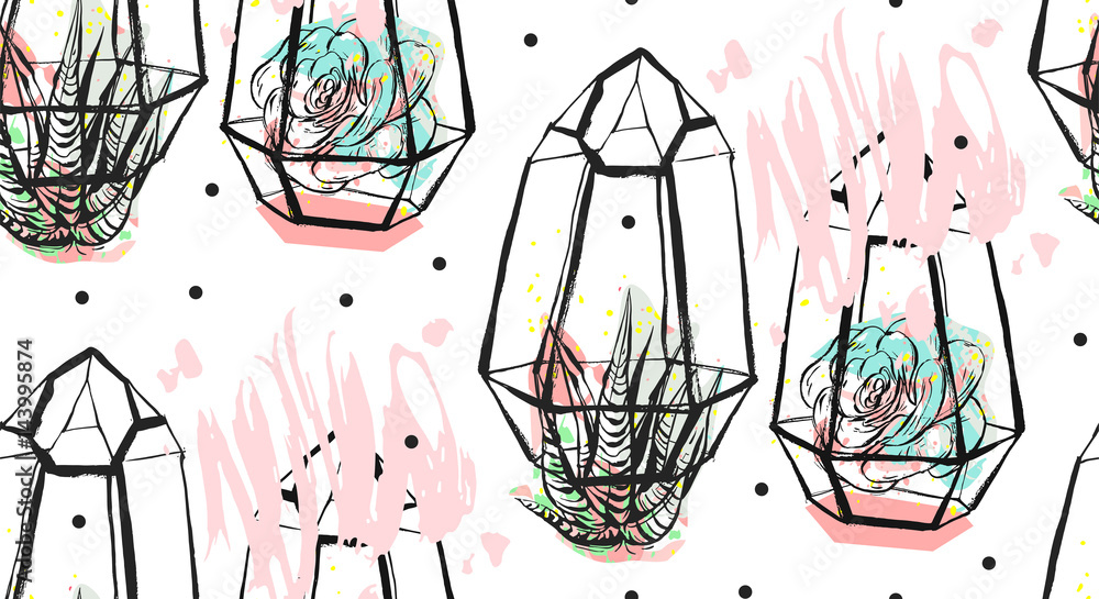 Hand drawn vector abstract seamless pattern with rough terrarium,polka dots texture and succulent plants in pastel colors isolated on white bakground.Design for decoration,fashion,fabric,wrapping Hand drawn vector abstract seamless pattern with rough terrarium,polka dots texture and succulent plants in pastel colors isolated on white bakground.Design for decoration,fashion,fabric,wrapping
