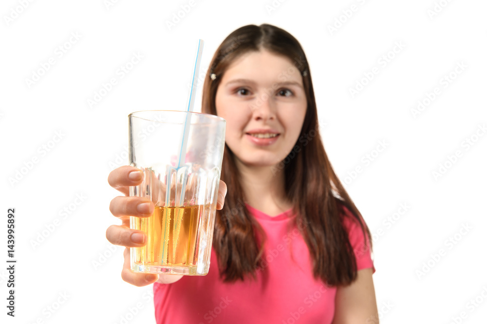 cute girl in pink dress holds out a Cup of soda and a cocktail straw cute girl in pink dress holds out a Cup of soda and a cocktail straw