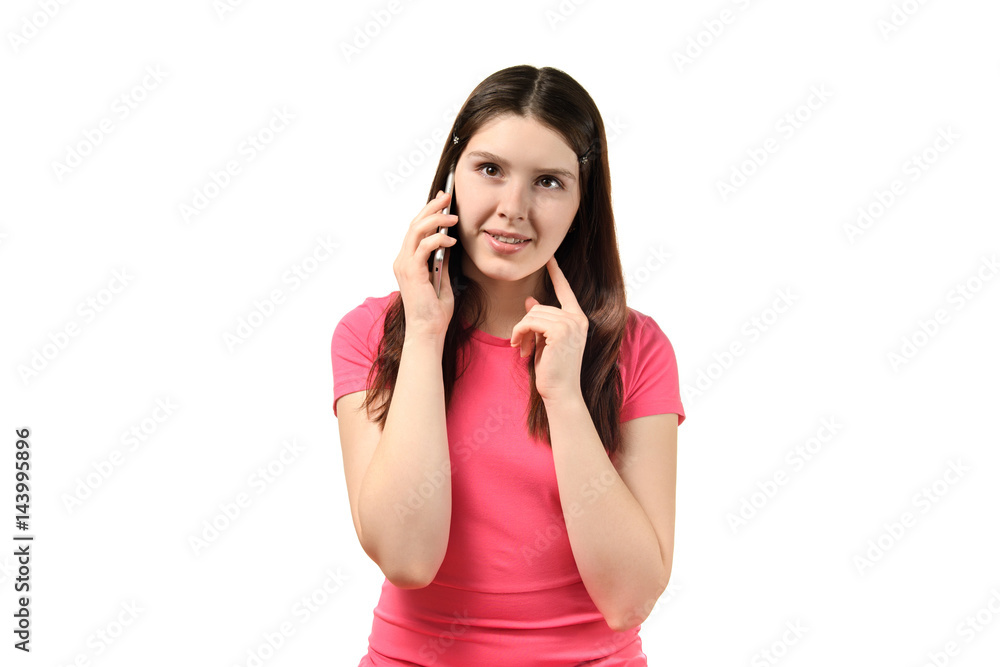 cute girl in pink dress with a smile talking on the phone cute girl in pink dress with a smile talking on the phone
