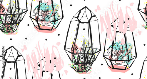 Hand drawn vector abstract seamless pattern with rough terrarium,polka dots texture and succulent plants in pastel colors isolated on white bakground.Design for decoration,fashion,fabric,wrapping