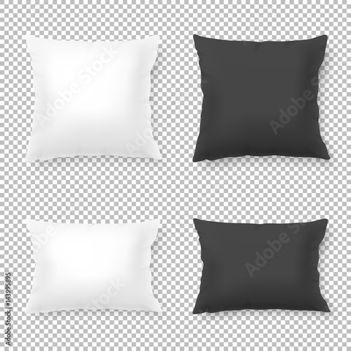 Vector realistic blank white, black square and rectangular pillow or cushion icon set isolated on transparent background. Design template in EPS10.