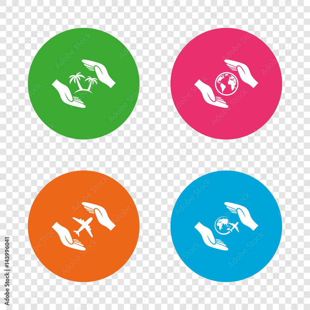 Hands insurance icons. Travel trip flights. Hands insurance icons. Travel trip flights.