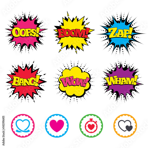 Heart ribbon icon. Timer stopwatch symbol.