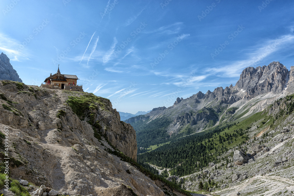Panoramic view of the Gardeccia's peaks and Preuss refuge, Trentino Alto-Adige South Tyrol, Italy, Europe. Panoramic view of the Gardeccia's peaks and Preuss refuge, Trentino Alto-Adige South Tyrol, Italy, Europe.