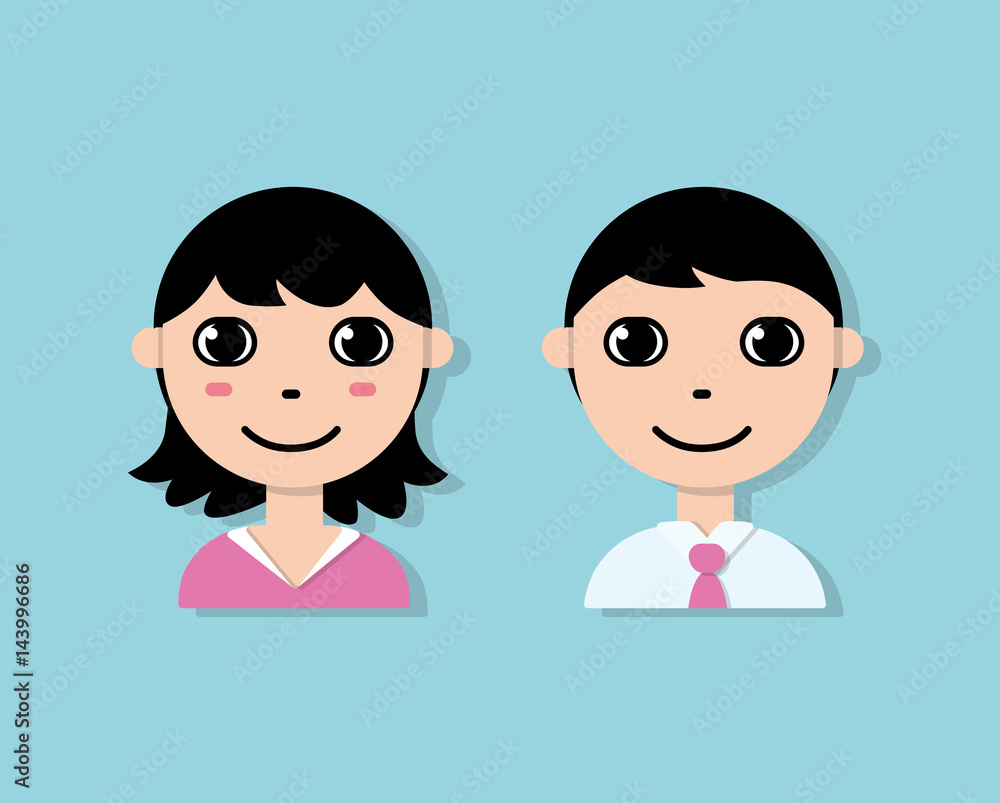 Young man and woman faces. Icons or avatars. Young man and woman faces. Icons or avatars.