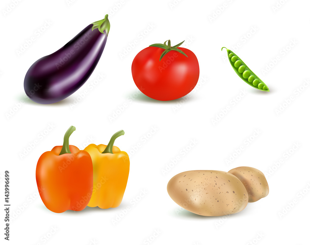 Eggplant, tomato, peas, paprika, potato vector illustration. Made with gradient mesh. Eggplant, tomato, peas, paprika, potato vector illustration. Made with gradient mesh.