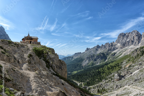 Panoramic view of the Gardeccia's peaks and Preuss refuge, Trentino Alto-Adige South Tyrol, Italy, Europe. photo