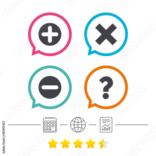 Plus and minus icons. Question FAQ symbol.