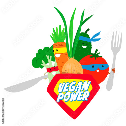 Vegan Power. Vegetables super heroes in the style of comics