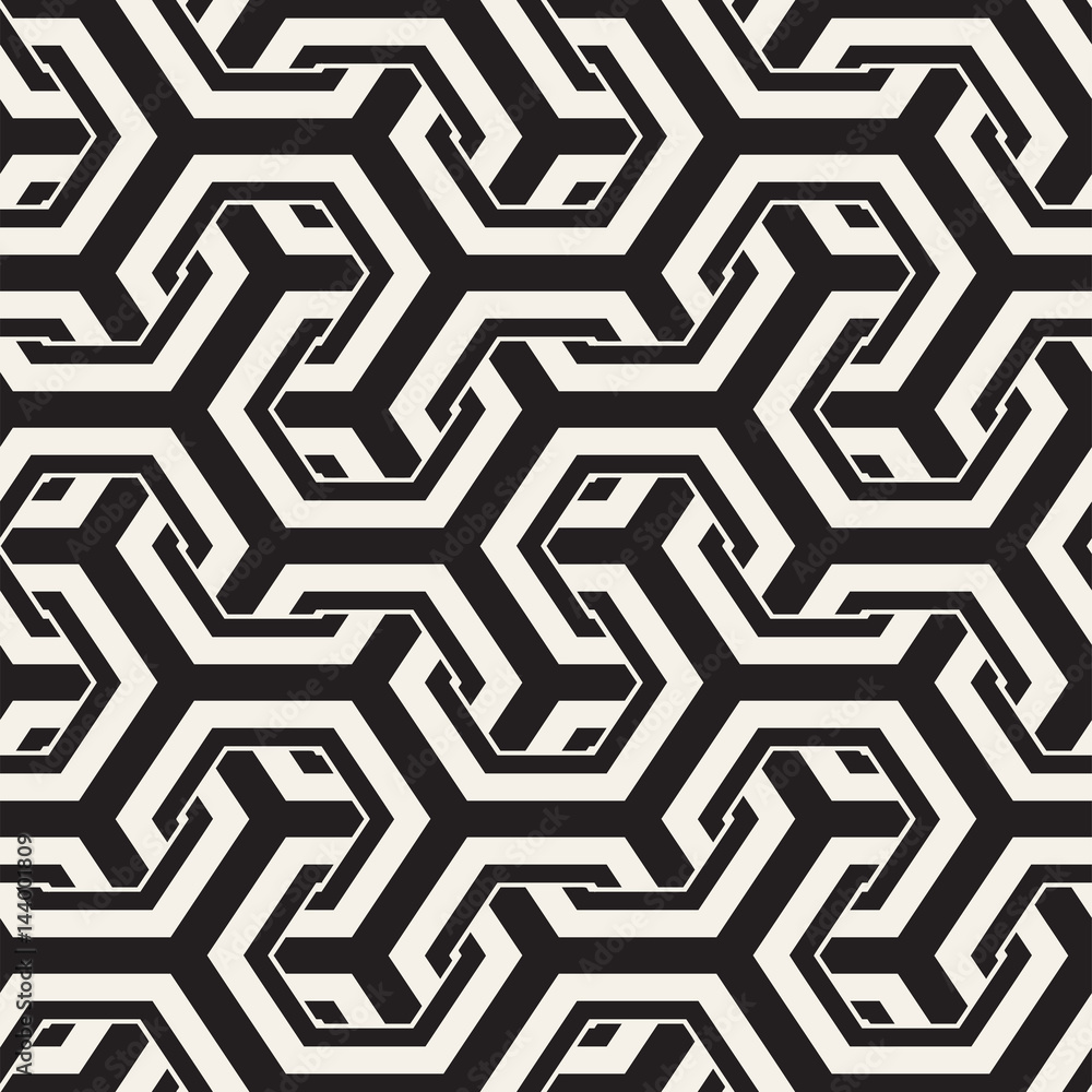 Vector Seamless Interlacing Lines Pattern. Repeating Geometric Background With Hexagonal Lattice. Vector Seamless Interlacing Lines Pattern. Repeating Geometric Background With Hexagonal Lattice.