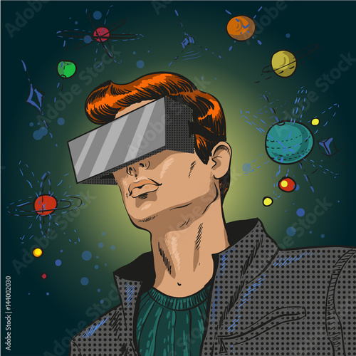 Vector pop art illustration of young man in 3d anaglyph glasses