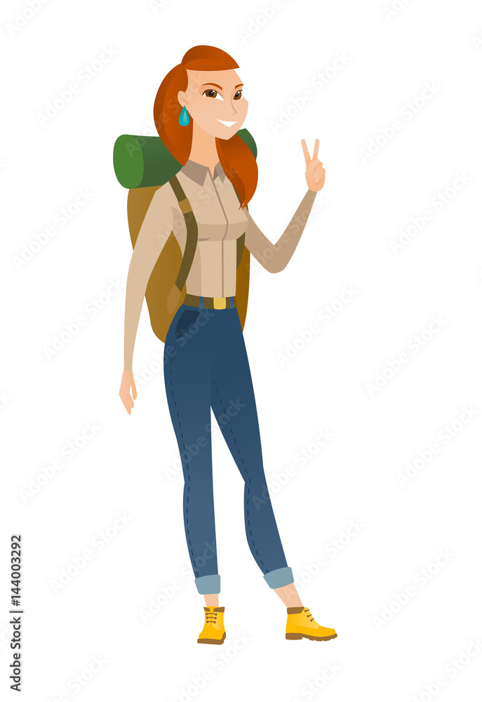 Caucasian traveler showing victory gesture. Caucasian traveler showing victory gesture.