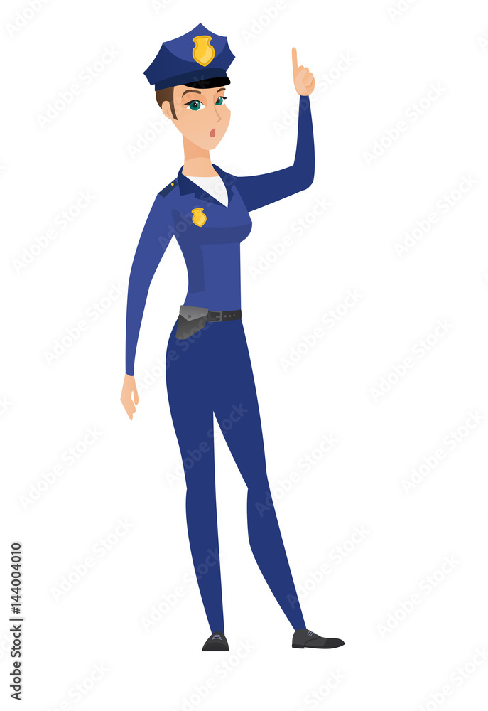 Policewoman with open mouth pointing finger up.
