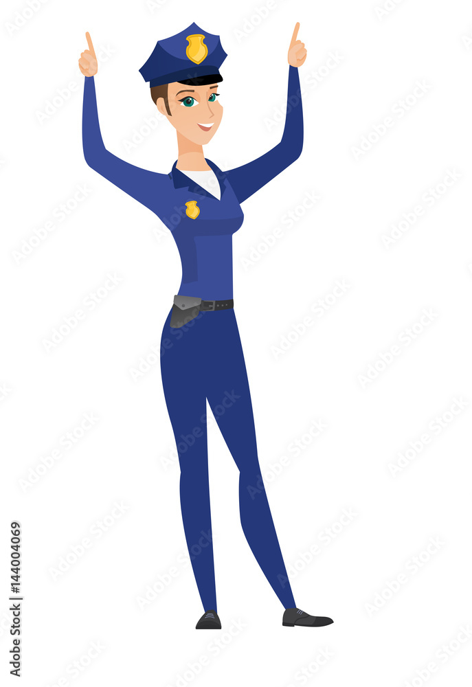 Policewoman standing with raised arms up.