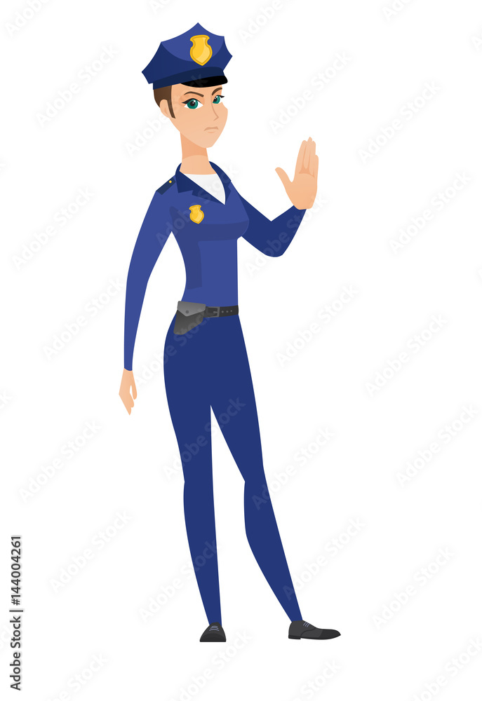 Caucasian policewoman showing stop hand gesture.