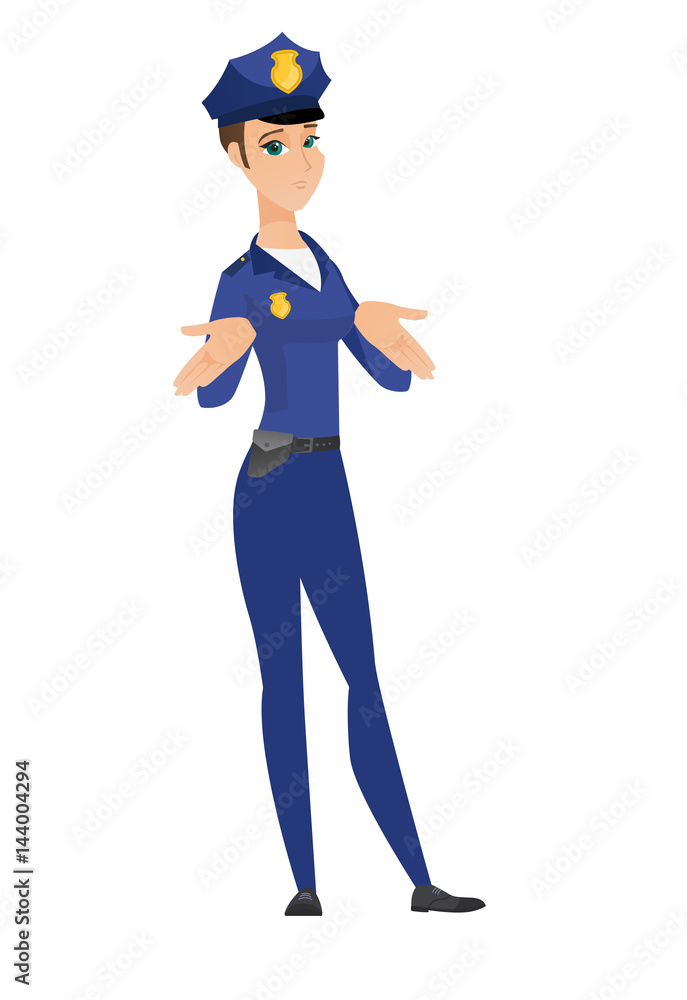 Caucasian confused policewoman shrugging shoulders