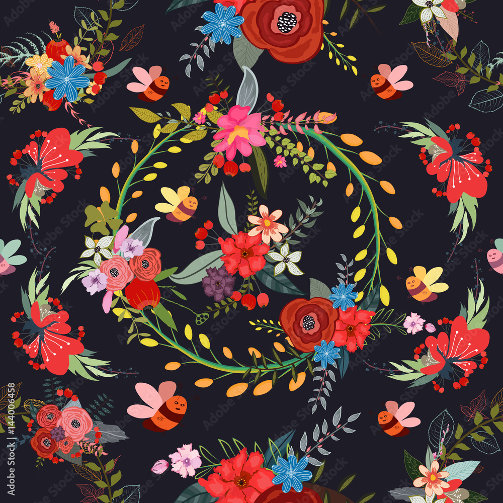 Obraz premium Bee and butterfly floral background pattern, flower, seamless