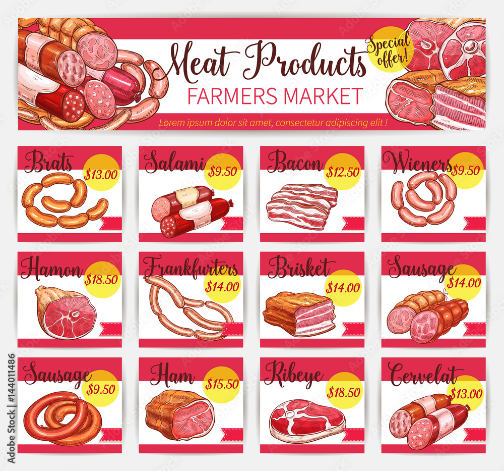 Vector meat price cards butchery market template