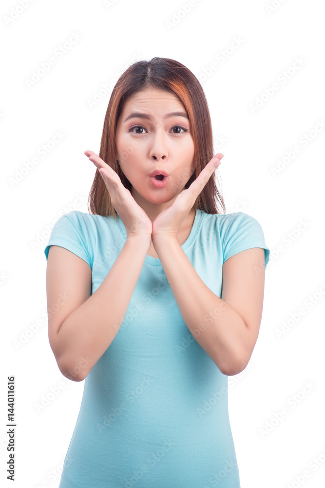 Winning success asian woman screaming isolated on white background waist up. Winning success asian woman screaming isolated on white background waist up.