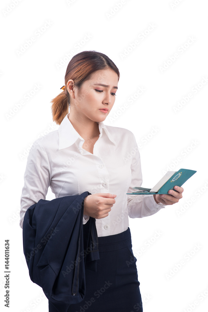 Portrait of asian businesswoman traveling with suitcase and holding passport and ticket. Portrait of asian businesswoman traveling with suitcase and holding passport and ticket.