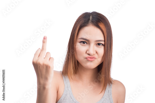Beautiful asian woman showing middle finger, scrooge you, fuck you