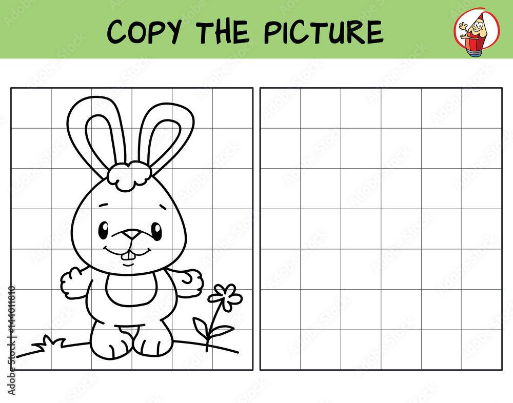 Obraz premium Funny little rabbit. Copy the picture. Coloring book. Educational game for children. Cartoon vector illustration