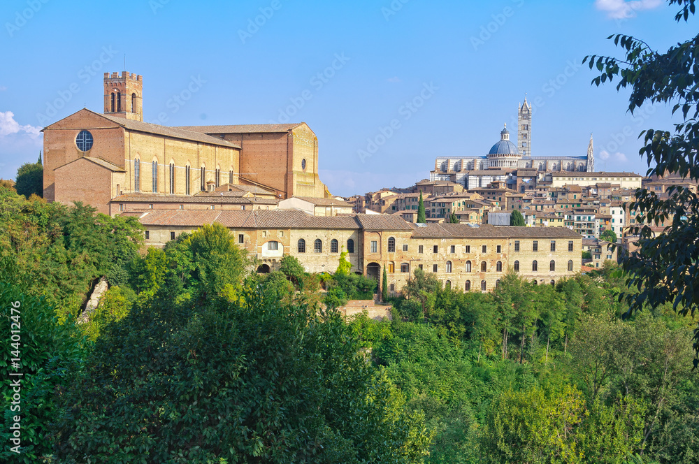 Basilica di San Domenico and the Cathedral Duomo of Siena from the Medici Fortress - Siena, Italy