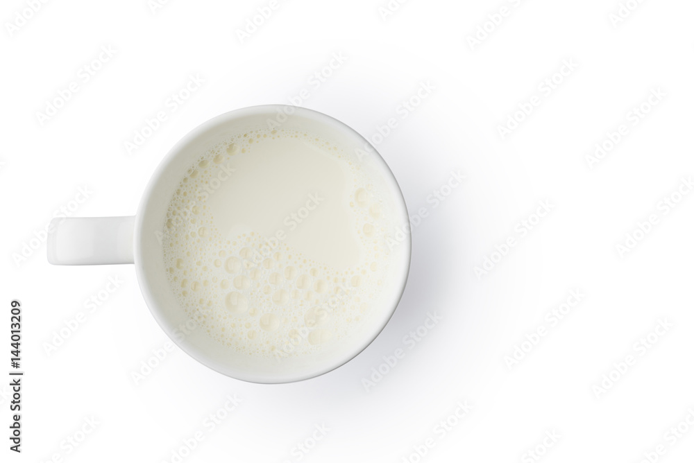 Cup with milk bubble foam on top view isolated texture on white background object design Cup with milk bubble foam on top view isolated texture on white background object design