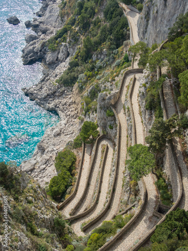 Capri, Italy, Via Krupp. It is a historic paved footpath connecting the Charterhouse of San Giacomo and the Gardens of Augustus area with Marina Piccola.