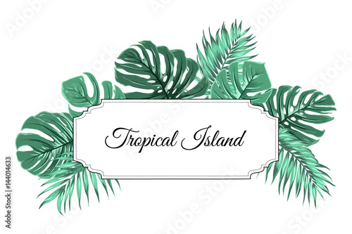 Tropical island border frame template. Horizontal rectangle square box decorated with exotic jungle rain forest palm tree leaves greenery. Vector design illustration for banner, header, letterhead.