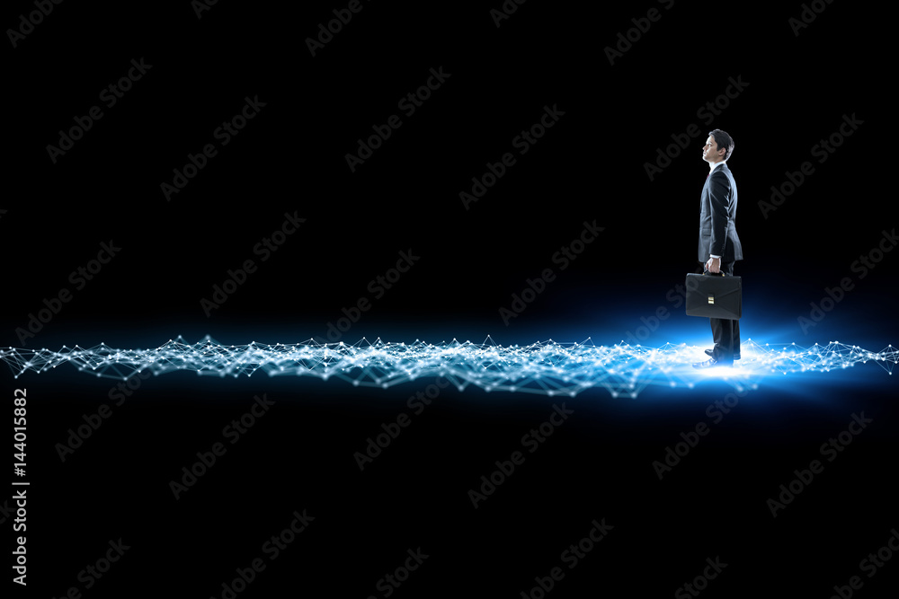 Foto young businessman standing on mesh network. 3D rendering.