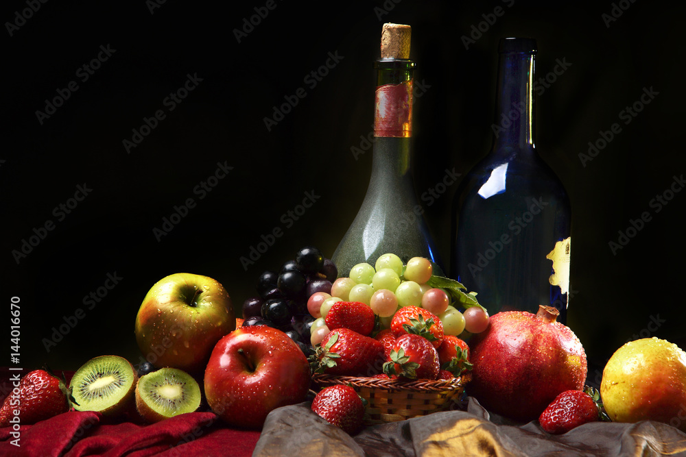 Classic Dutch still life with two bottles of wine and wet fruits on a dark background, horizontal Classic Dutch still life with two bottles of wine and wet fruits on a dark background, horizontal