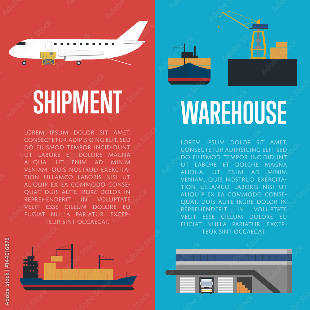 Shipment and warehouse banners vector illustration. Loading cargo jet airplane, crane shipment freight vessel. Warehouse logistics, worldwide delivery transportation, cargo shipment, freight terminal