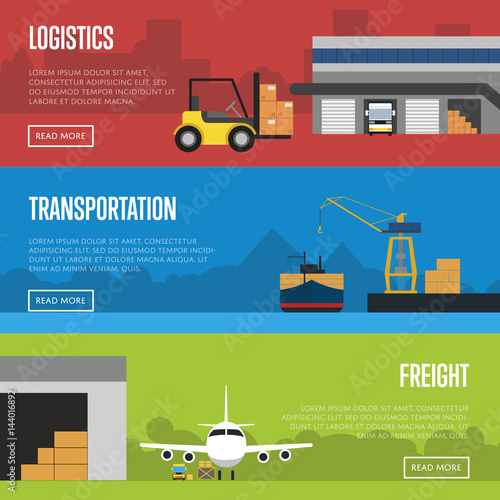 Logistics and freight transportation banners vector illustration. Cargo jet airplane loading, crane shipment freight vessel and forklift with boxes near storage. Warehouse logistics, freight delivery