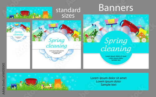 Cleaning service. Set spring banners for the website. Templates standard size. Vector