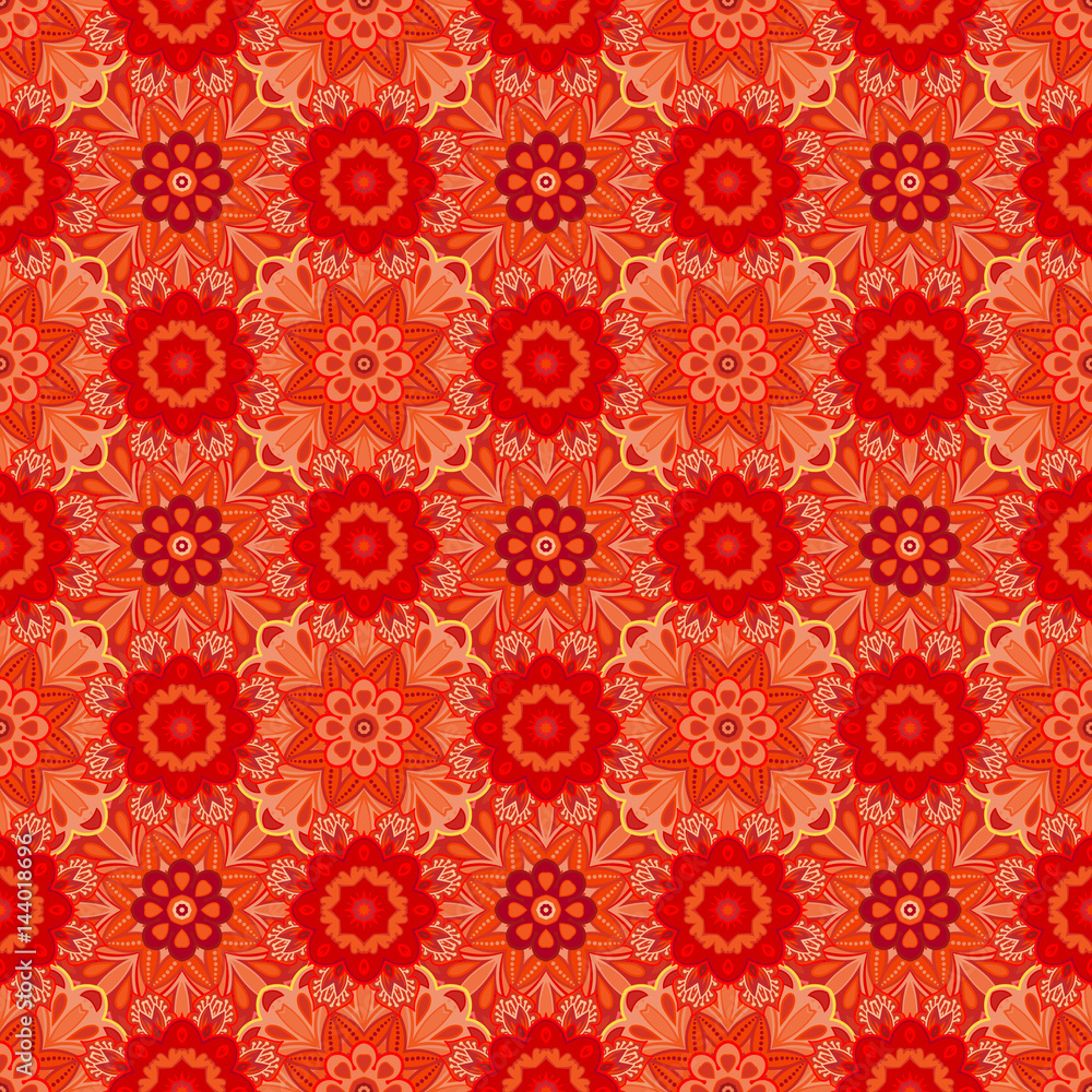 Oriental red pattern of mandalas. Vector rich ornament with floral elements. Template for textile, carpet, shawl.