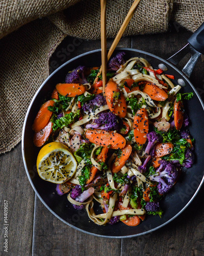 Overhead view of stir fry salad in a pan