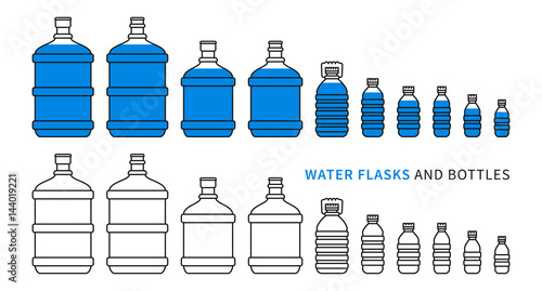 Water flasks and bottles vector illustration. Different plastic bottles and flasks for potable water delivery concept. Bottled drinking water for cooler graphic design.
