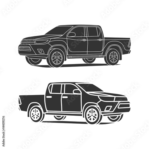 Pickup truck silhouette set outline and black icon vector illustration