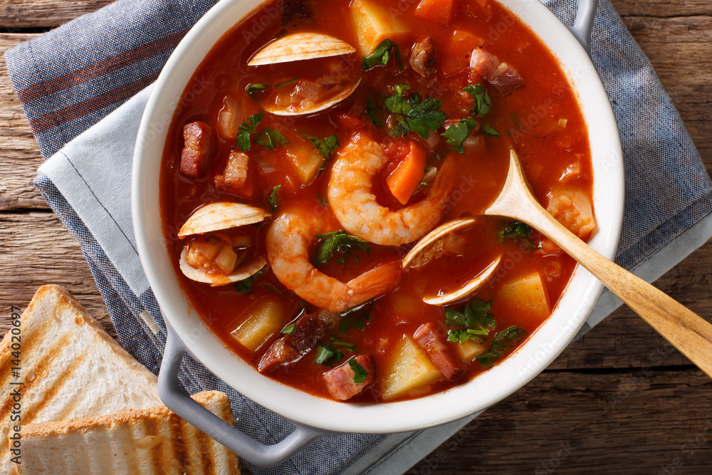 Manhattan tomato clam chowder soup close-up in a saucepan. horizontal top view Manhattan tomato clam chowder soup close-up in a saucepan. horizontal top view