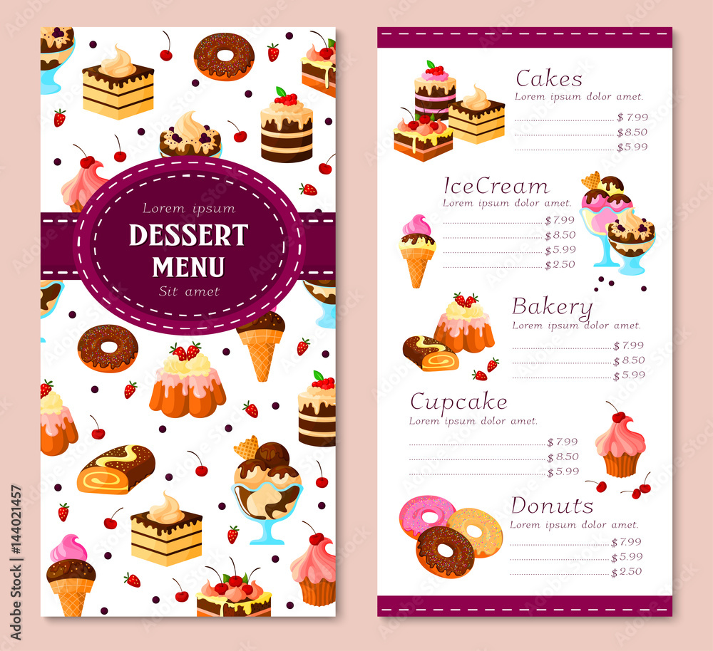 Vector menu template for bakery desserts cakes
