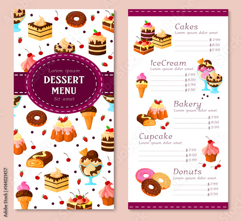 Vector menu template for bakery desserts cakes