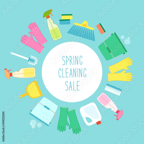 Cute vivid spring cleaning background with hand written text