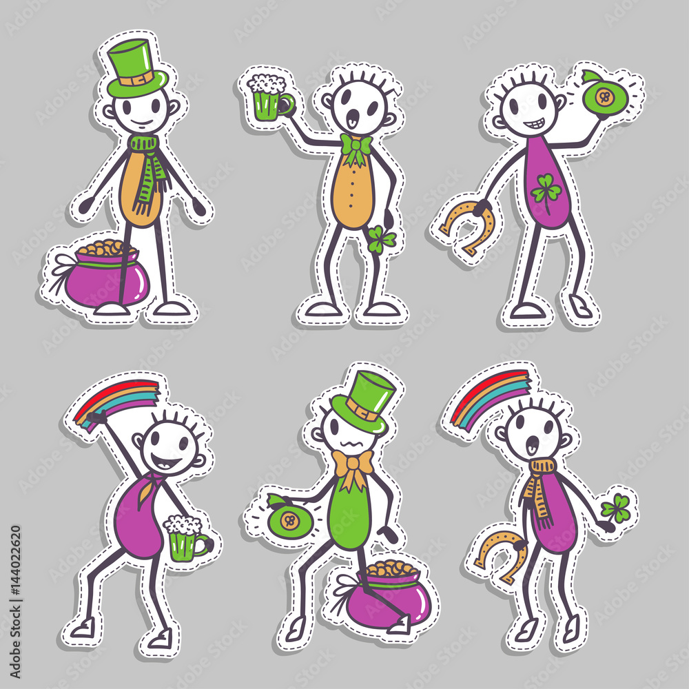 Ireland Stick figure stickers set - Saint Patrick's Day collection, vector Ireland Stick figure stickers set - Saint Patrick's Day collection, vector
