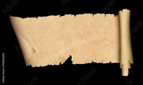 Scroll of old paper on black background. photo